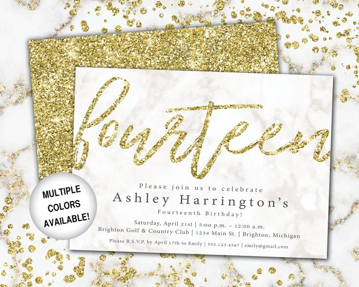 14th Birthday Invitation Gold Glitter Fourteenth Birthday Etsy 