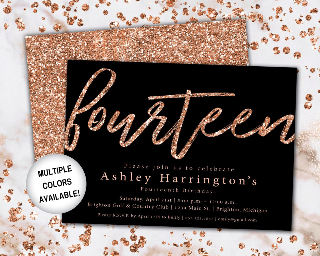 14th Birthday Invitation Rose Gold Fourteenth Birthday Etsy 13th 