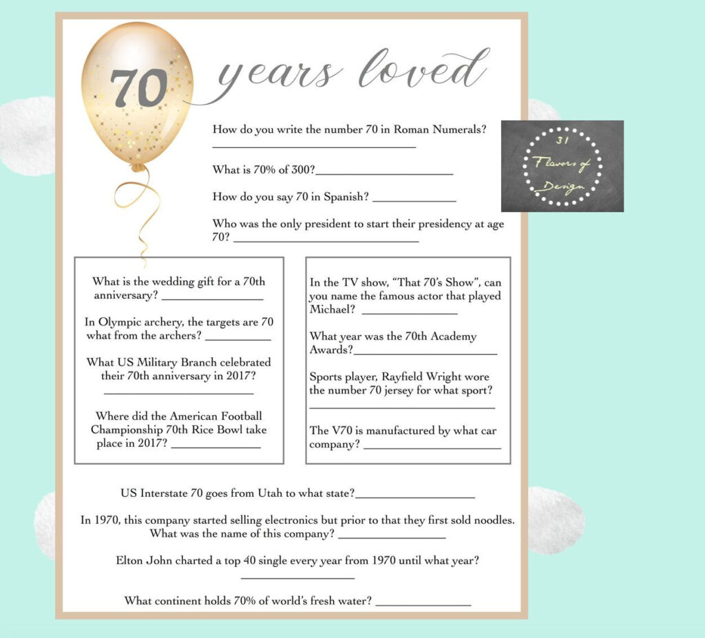 70th Birthday Trivia Game Instant Download Everything To Do With 