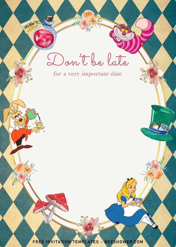 8 Vintage Cute Alice In Wonderland Birthday Invitation Templates In 