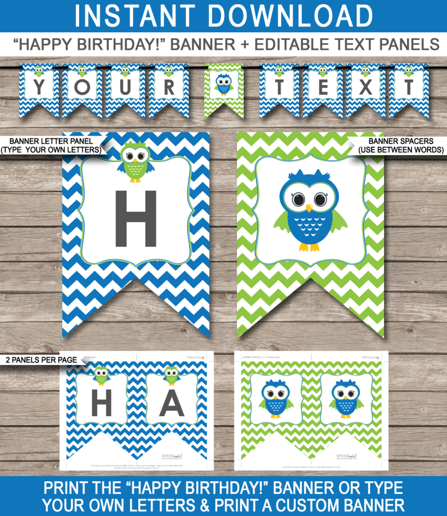 Blue Owl Party Banner Template Birthday Banner Editable Bunting