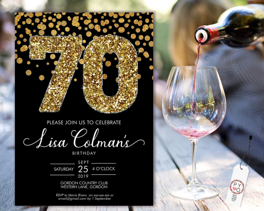 DIY 70th Birthday Confetti Invitation Printable Template Black Gold 