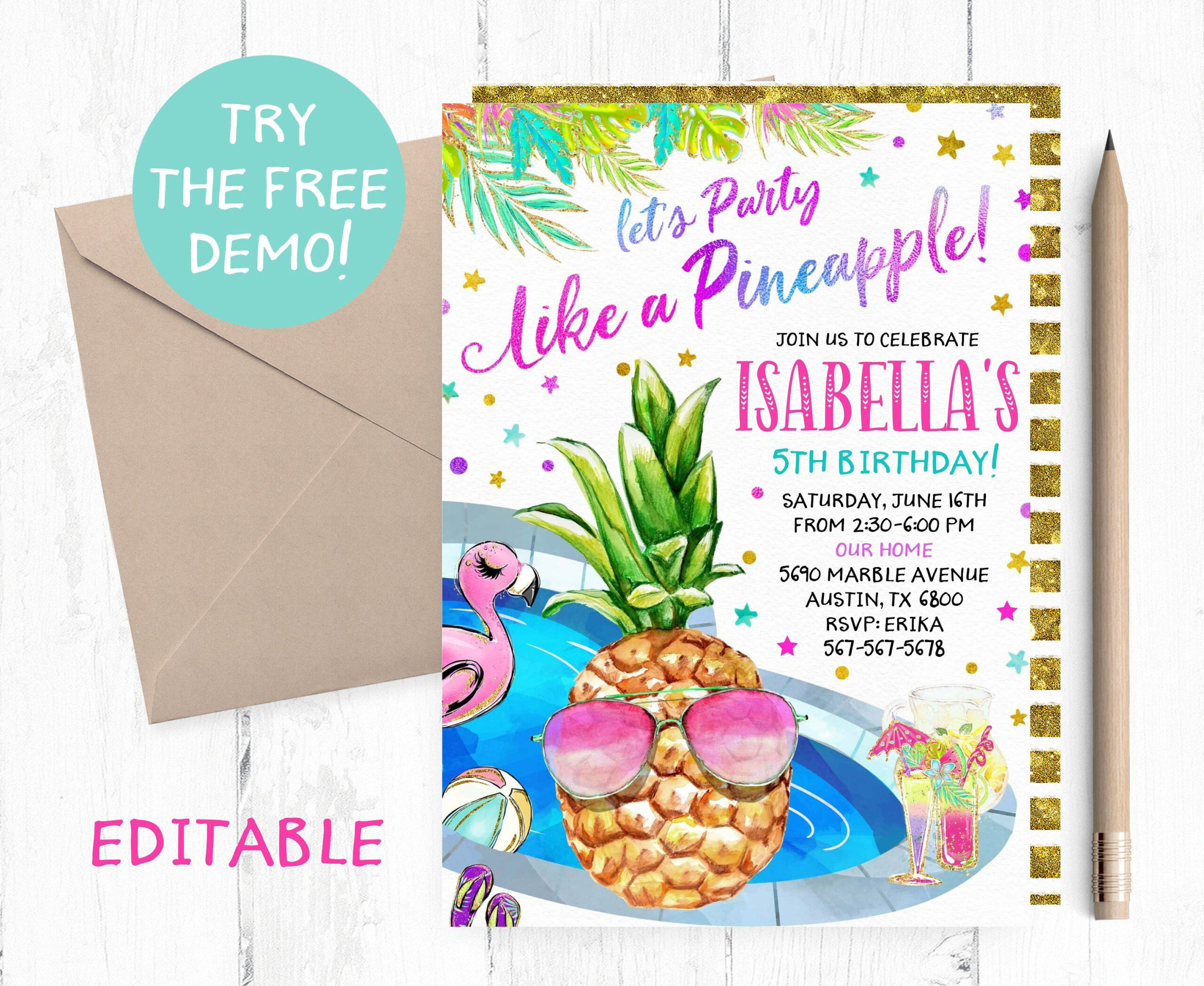 Editable Pineapple Pool Invitation Pineapple Pool Party Etsy 