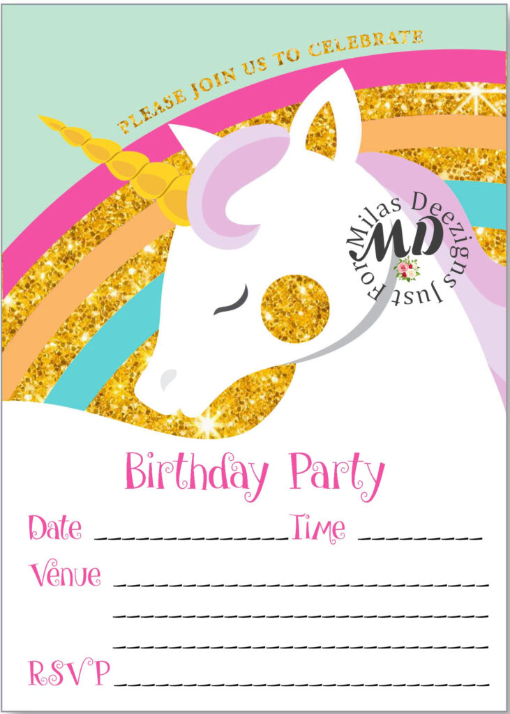 Fill In Unicorn Printable Birthday Invitation MilasDeezigns 