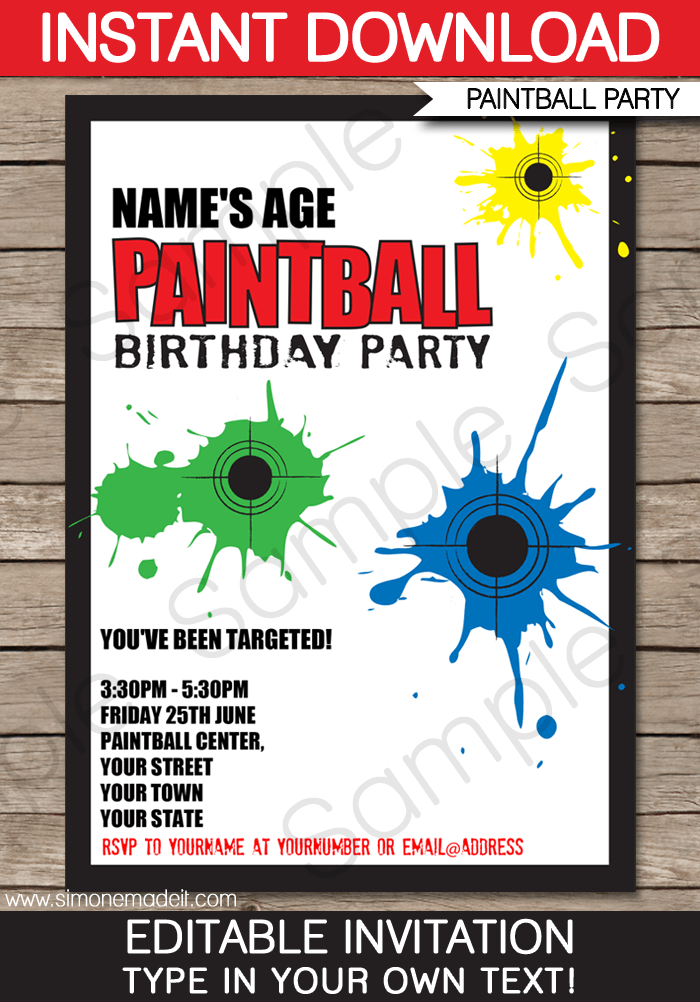 Paintball Party Invitations Birthday Party Editable DIY Theme 
