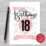 Printable 18th Birthday Card In Pink Happy Birthday 18 Happy Birthday
