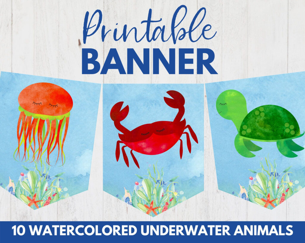 Printable Under The Sea Banner Birthday Party Bunting Sea Animals Blue 