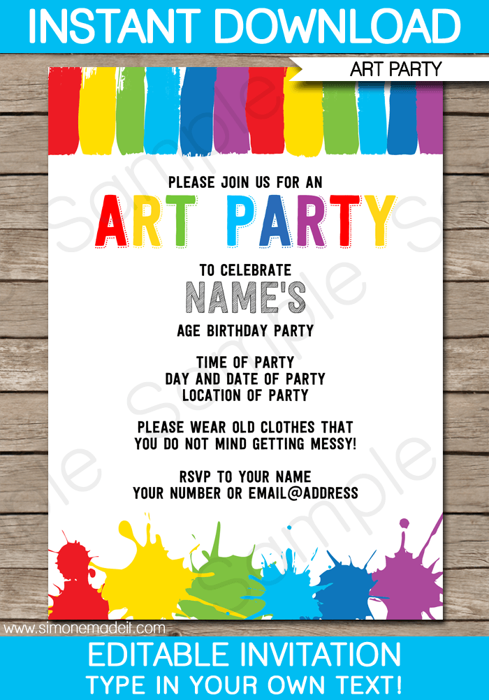 Art Party Invitations Template Paint Party Invitations Art Party 