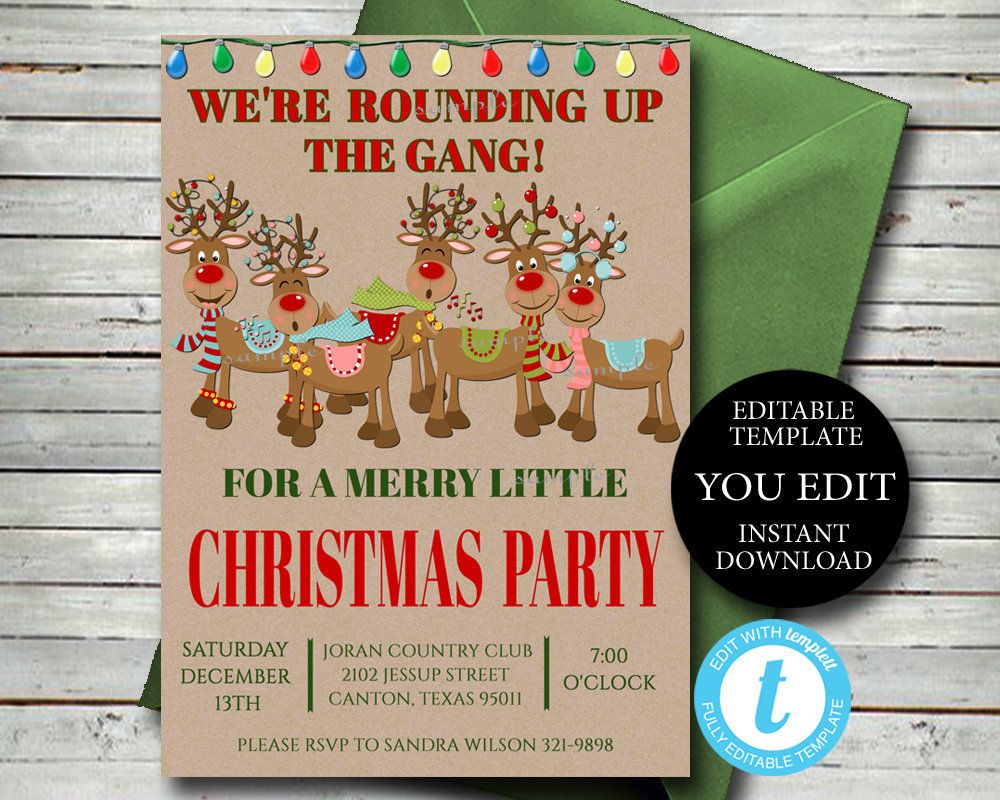 Christmas Party Invitation Editable Invite Template Reindeer Holiday 