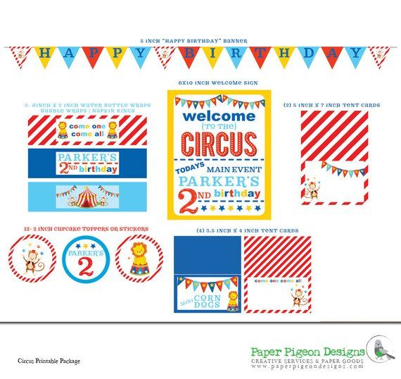 Circus Theme Birthday Prinitable Package Digital Files 8 5 X 11 