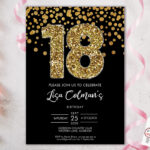 DIY 18th Birthday Confetti Invitation Printable Template Black Gold