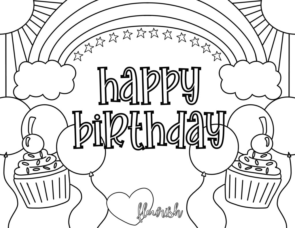 Happy Birthday Coloring Page Sunshine Rainbows Cupcakes