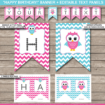 Owl Birthday Banner Template Birthday Banner Editable Bunting Pink