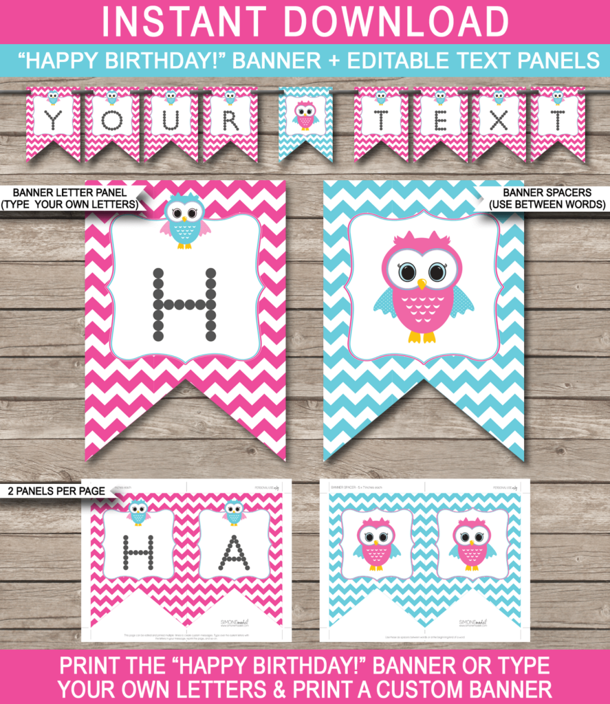 Owl Birthday Banner Template Birthday Banner Editable Bunting Pink