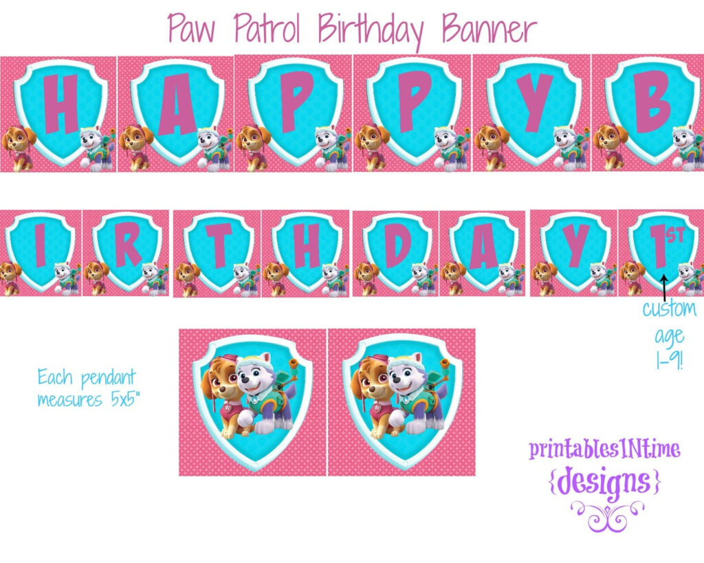 Paw Patrol Birthday Banner Girl Pink Blue By PrintablesINTime