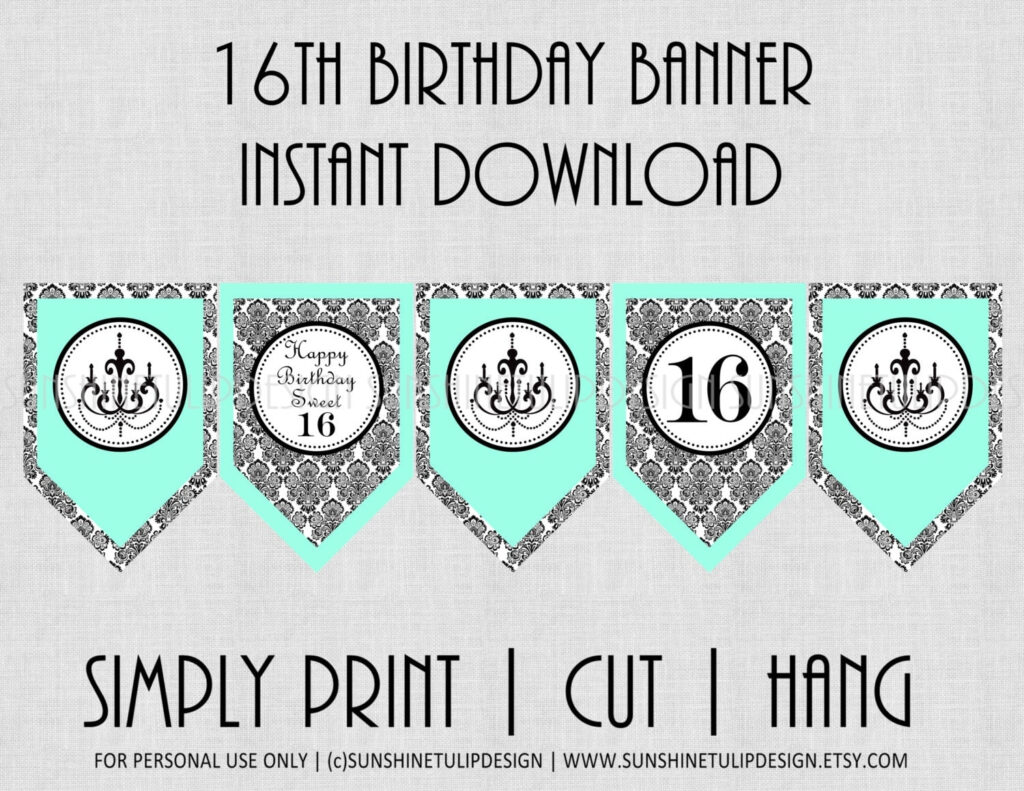 Printable 16th Birthday Banner Printable Sweet 16 Banner
