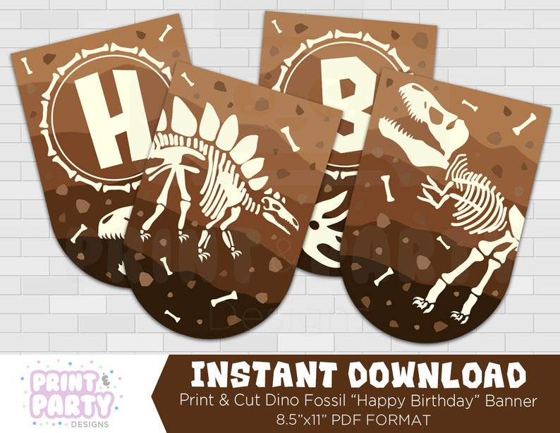 Printable Dinosaur Fossil Happy Birthday Banner Dinosaur Etsy