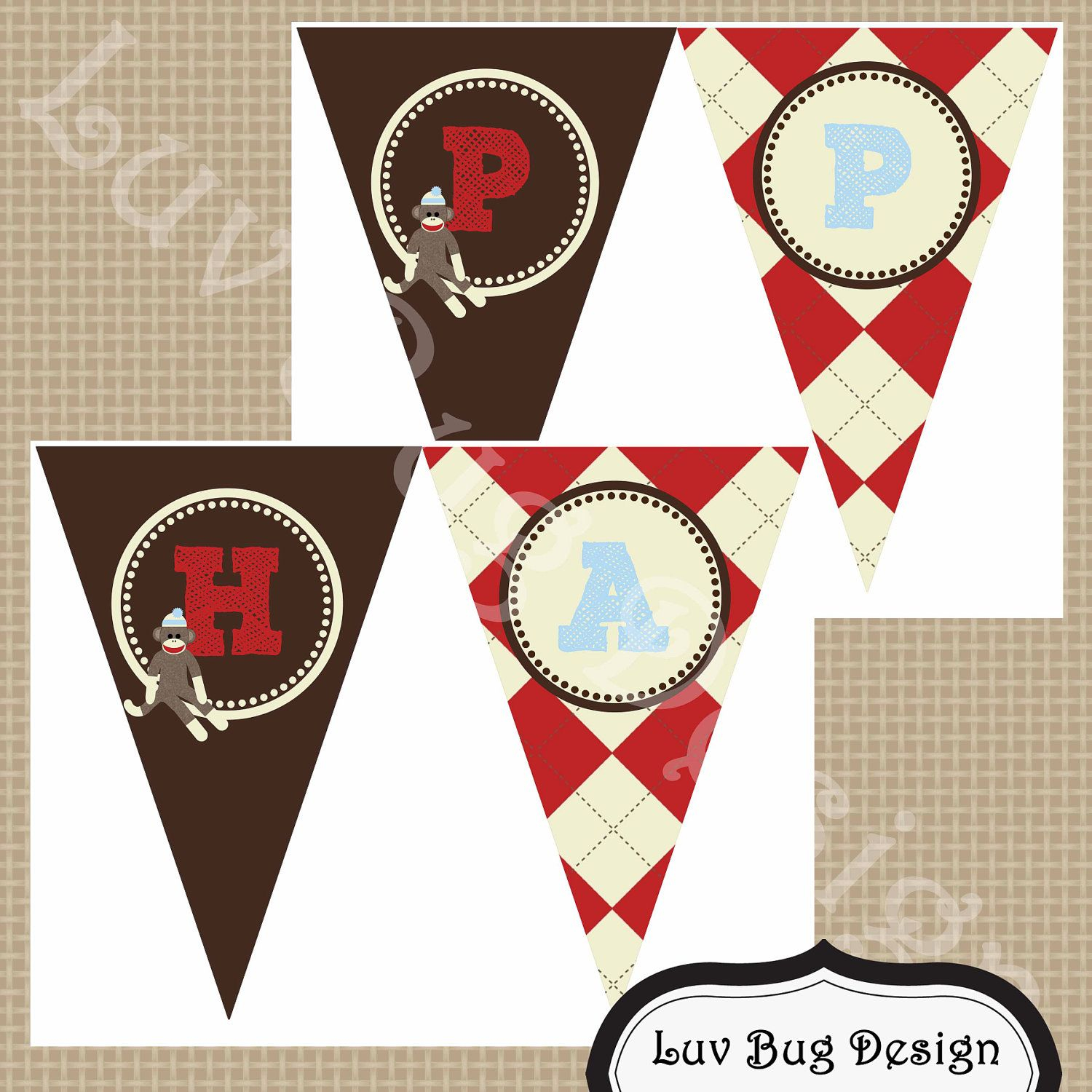 PRINTABLE Sock Monkey Happy Birthday Party Pendant Banner DIY