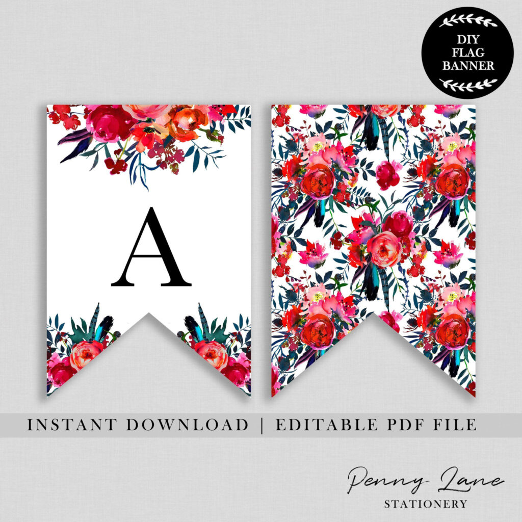 Red Floral Birthday Flag Bunting Banner Printable Birthday Banner 
