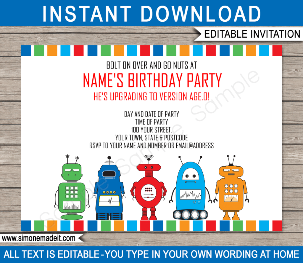 Robot Party Invitations Template Birthday Party