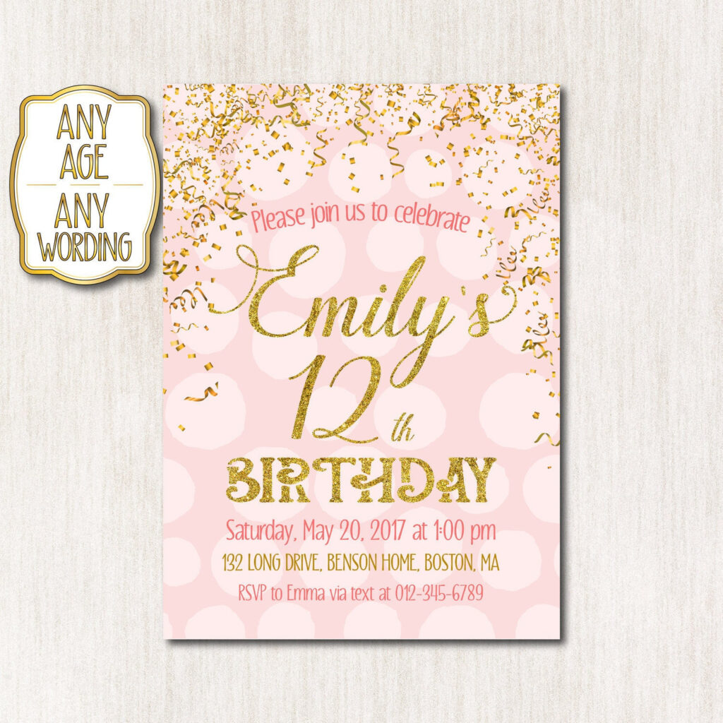 12th Birthday Invitation Pink And Gold Birthday Invitation