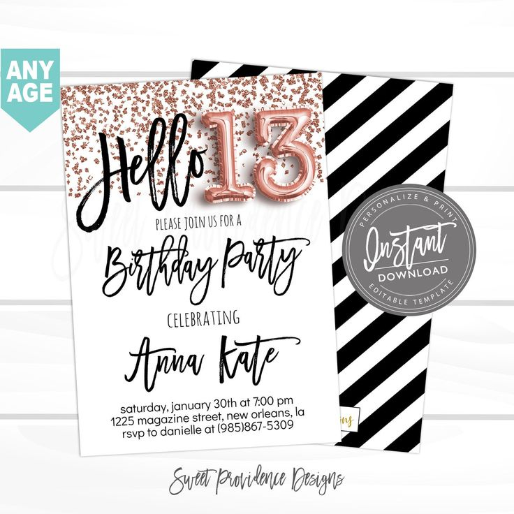 13th Birthday Invitation Editable 13th Virtual Birthday Invitation 