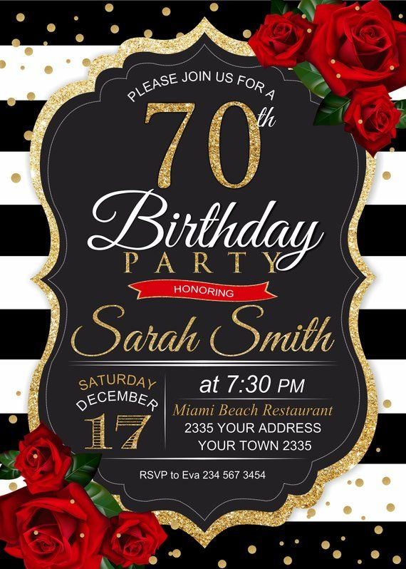 70th Birthday Party Invitation Red Roses And Gold 70th Birthday 