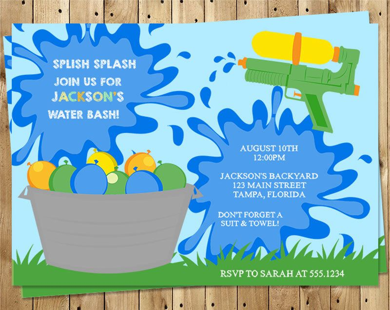 Birthday Party Invitations Water Party Water Guns Balloons Splish