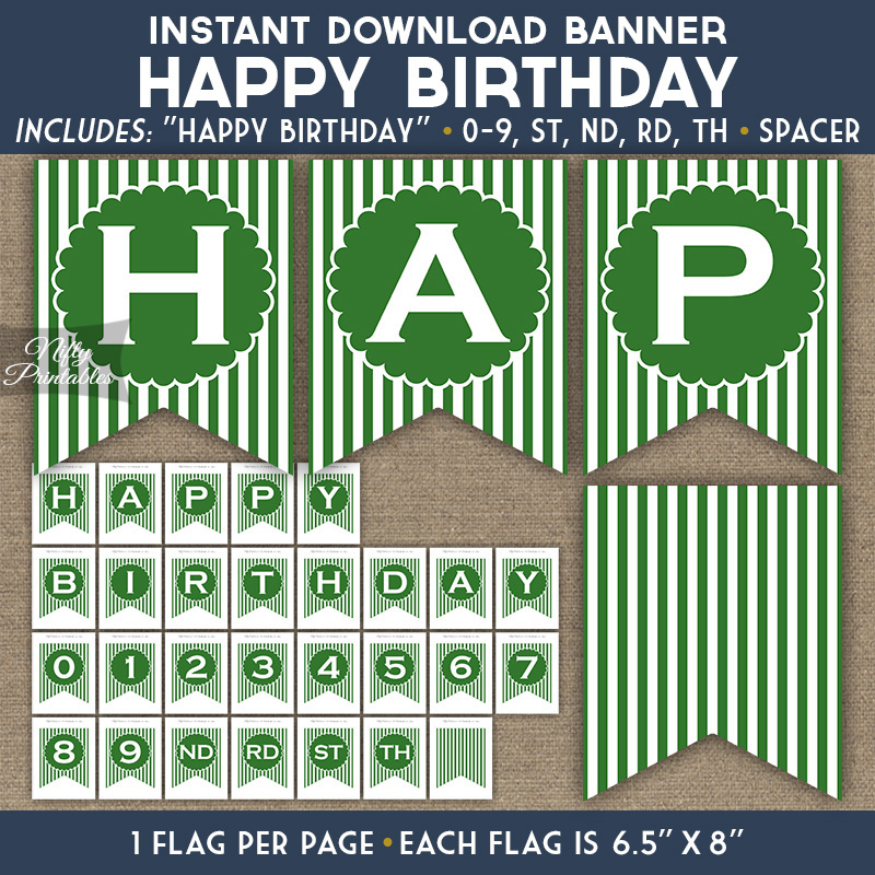 Happy Birthday Banner Green White Stripe Nifty Printables