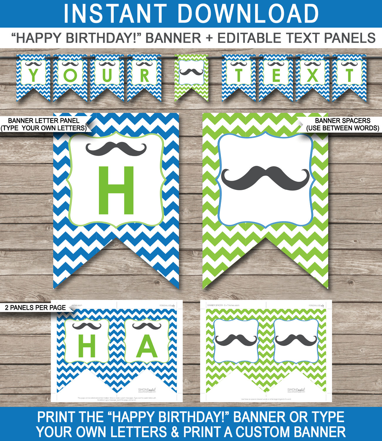 Mustache Party Banner Template Birthday Banner Editable Bunting