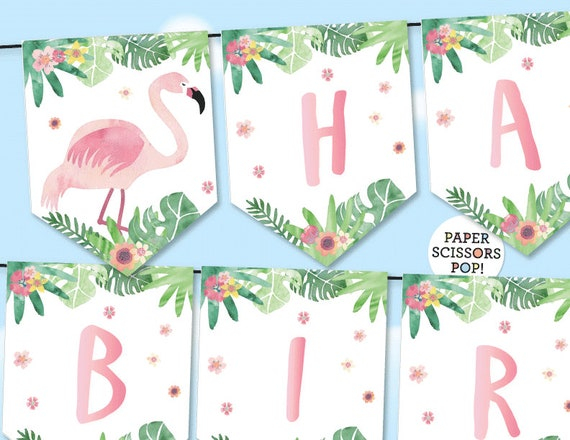 Pink Flamingo Birthday Banner Tropical Banner Watercolor Etsy