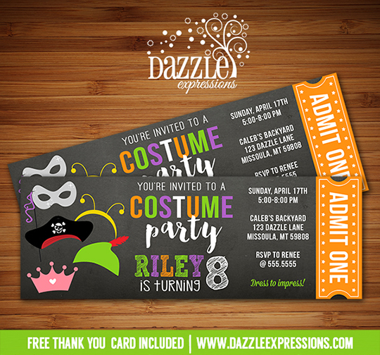 Printable Costume Party Ticket Birthday Invitation Kids Halloween Party