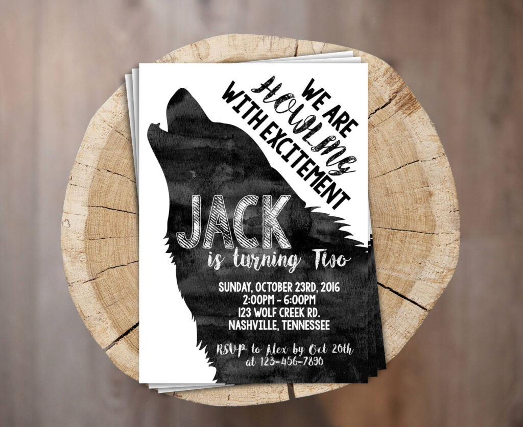 Wolf Invitation Personalized Printable B W Watercolour Howling Wolf 